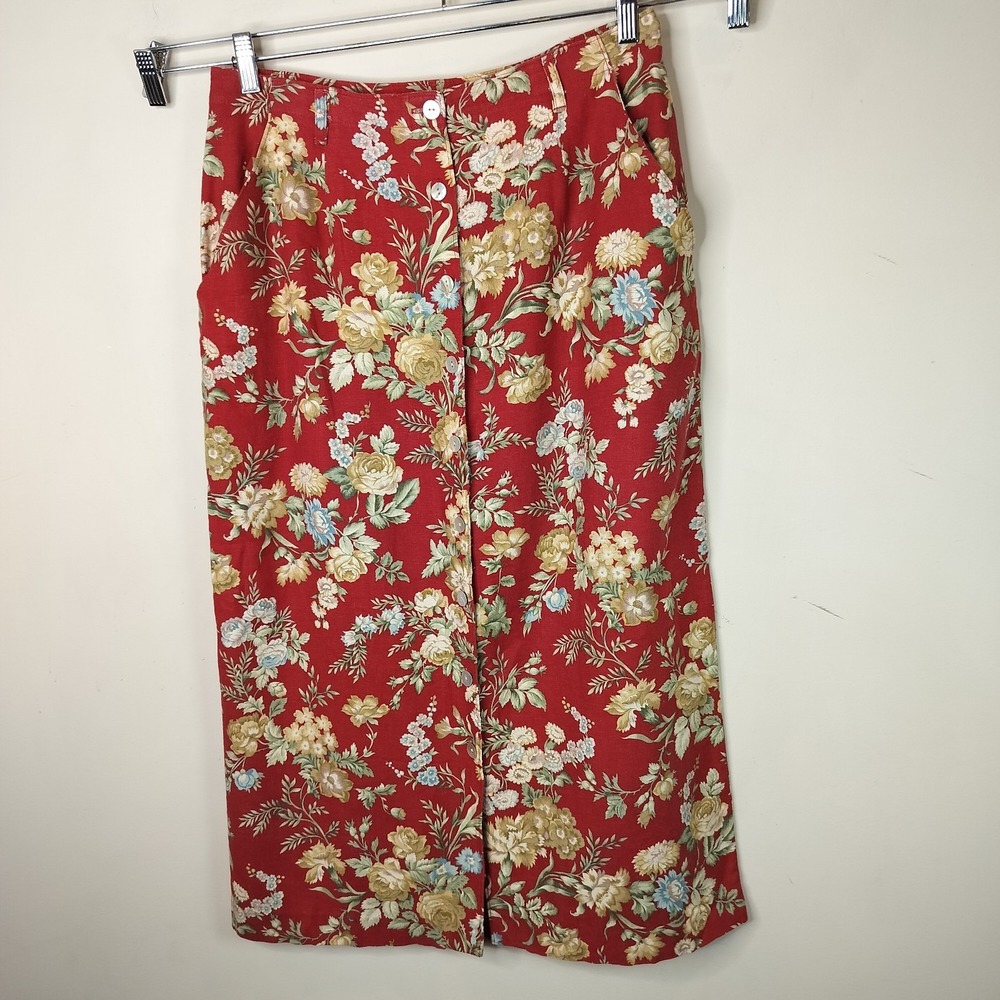 Orvis Vintage Maxi Skirt Red Garden Floral Linen Blend Button Up - Picture 4 of 12